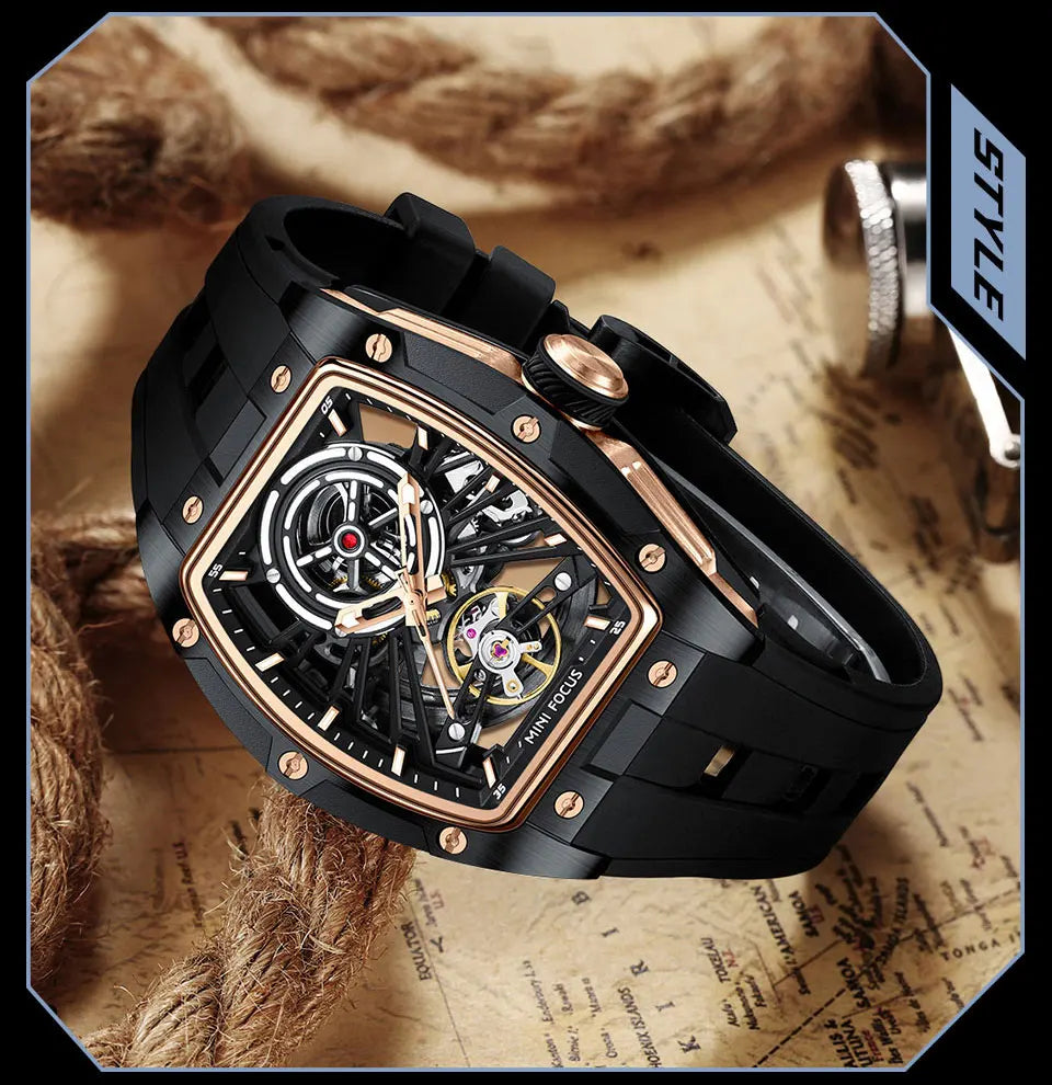 Montre Homme MINIFOCUS — Mécanique Automatique Squelette, Silicone & Waterproof 5ATM