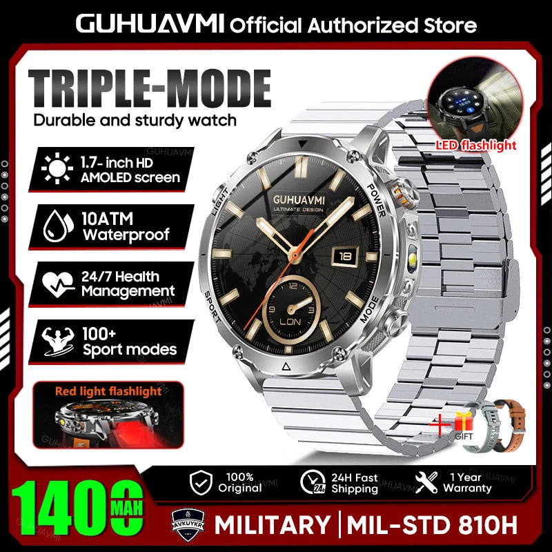 Montre Connectée Militaire 2026 pour Hommes avec Batterie 1400mAh, Lampe Torche Extérieure, Étanchéité 10ATM.