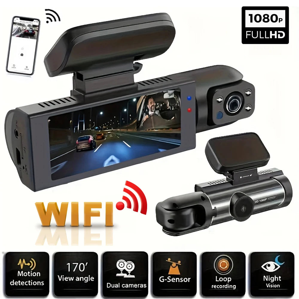 Dashcam Double Objectif WiFi 1080P — Vision Nocturne, Grand Angle 170°, Capteur G