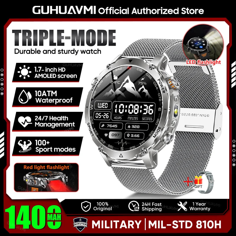 Montre Connectée Militaire 2026 pour Hommes avec Batterie 1400mAh, Lampe Torche Extérieure, Étanchéité 10ATM.