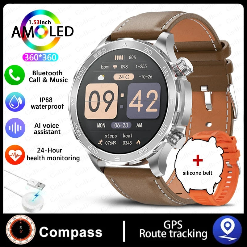 Montre intelligente étanche avec boussole pour homme, surveillance de la santé, traqueur de sport GPS, appel Bluetooth HD, assistant vocal, nouveau, 2024