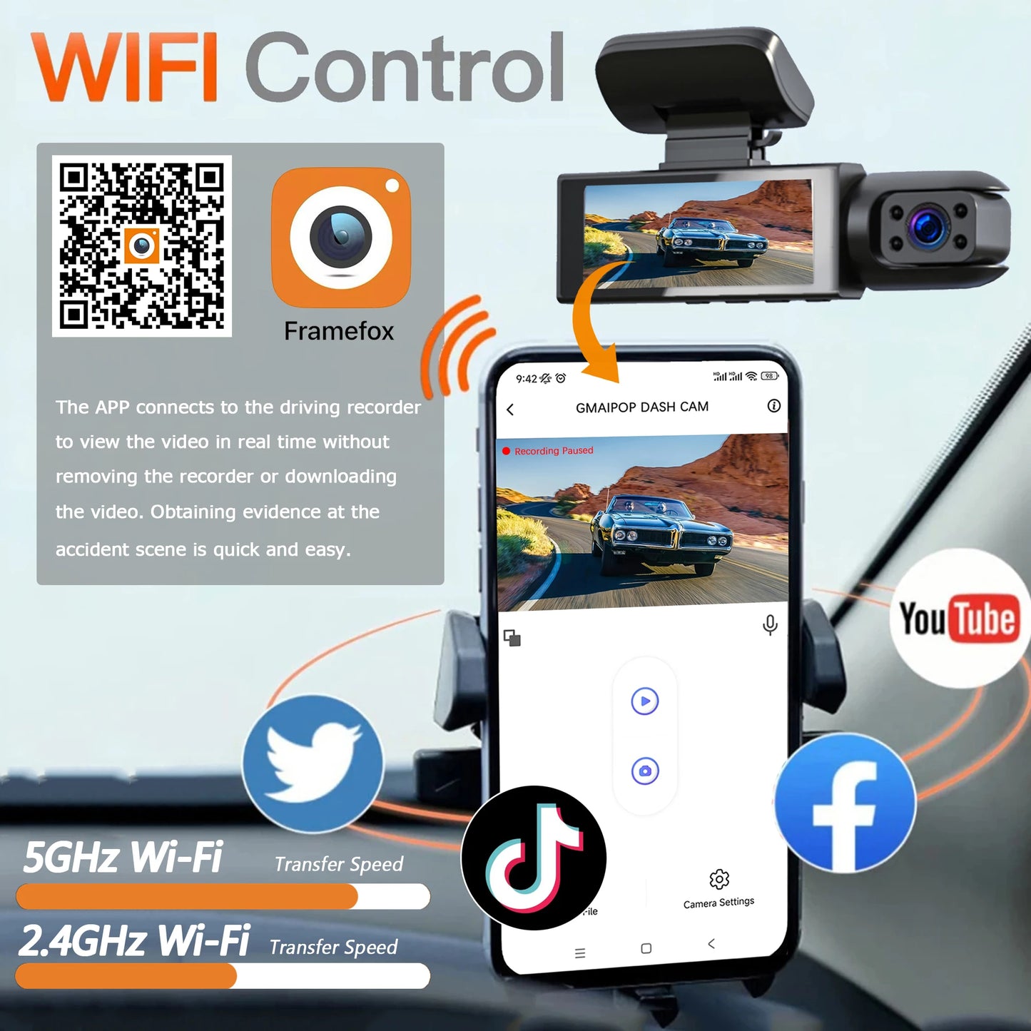 Dashcam Double Objectif WiFi 1080P — Vision Nocturne, Grand Angle 170°, Capteur G