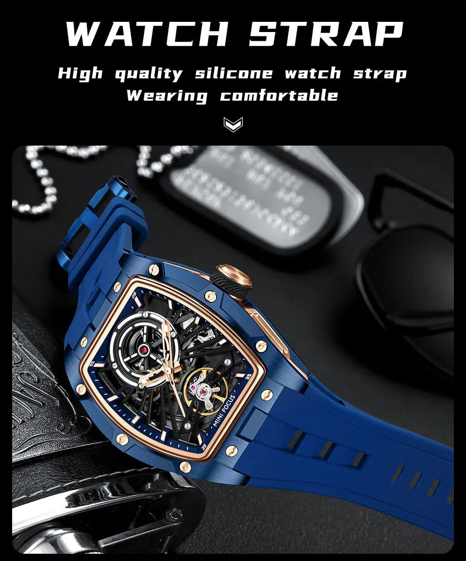 Montre Homme MINIFOCUS — Mécanique Automatique Squelette, Silicone & Waterproof 5ATM
