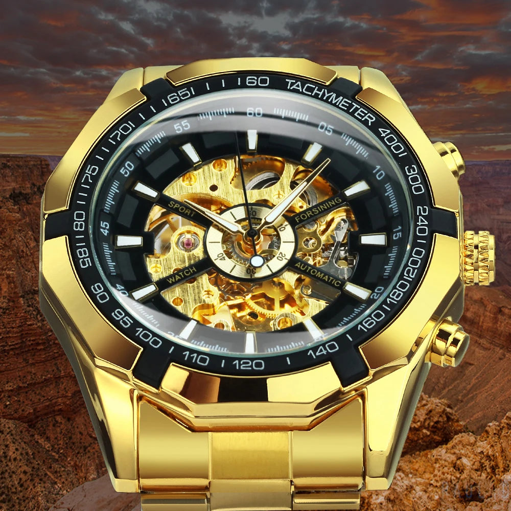 Montre Mécanique Squelette Homme WINNER – Aiguilles Lumineuses, Bracelet Acier
