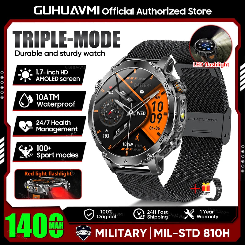 Smartwatch Militaire GUHUAVMI 2026 – Écran AMOLED 1,7", Batterie 1400mAh, GPS, Appel Bluetooth