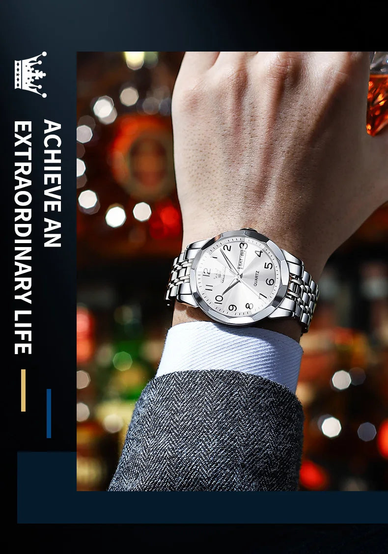 OLEVS montre de luxe montre pour hommes étanche argent acier inoxydable classique montre-bracelet à Quartz décontractée .