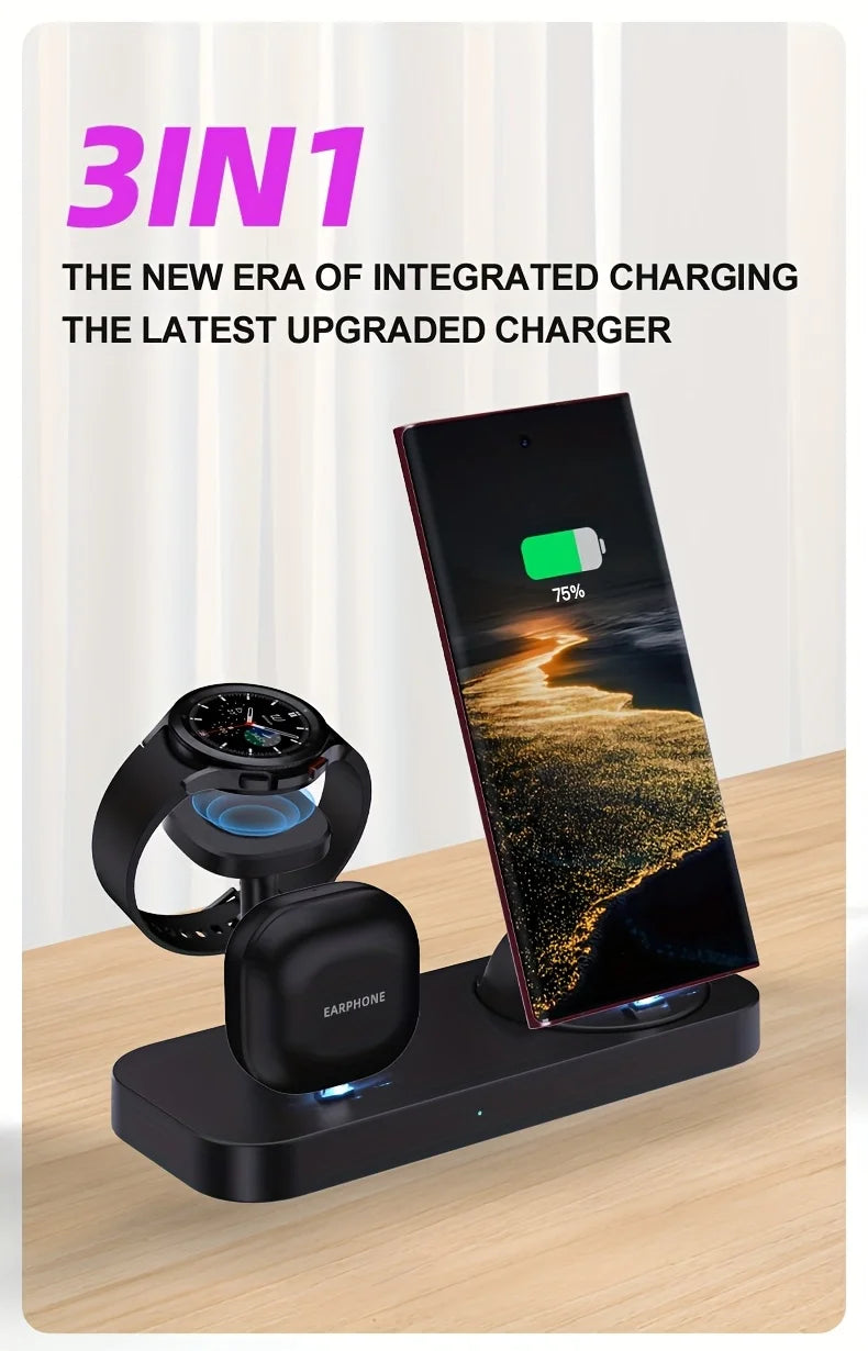 Station de Charge Sans Fil 3-en-1 VIKEFON – Samsung Galaxy, Montre & Écouteurs, 15W