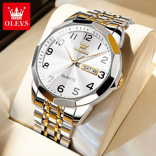 OLEVS montre de luxe montre pour hommes étanche argent acier inoxydable classique montre-bracelet à Quartz décontractée .