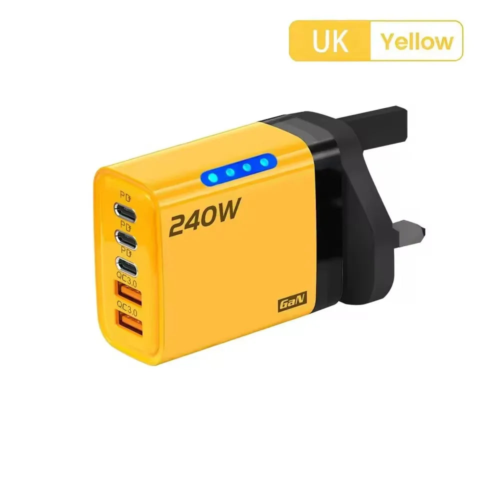 Chargeur rapide 240W GaN avec lumière LED, 2 USB + 3 Type-C, chargeur de téléphone multi-ports 5 en 1 pour iPhone 15-17 Series, Samsung, Huawei, Xiaomi 15