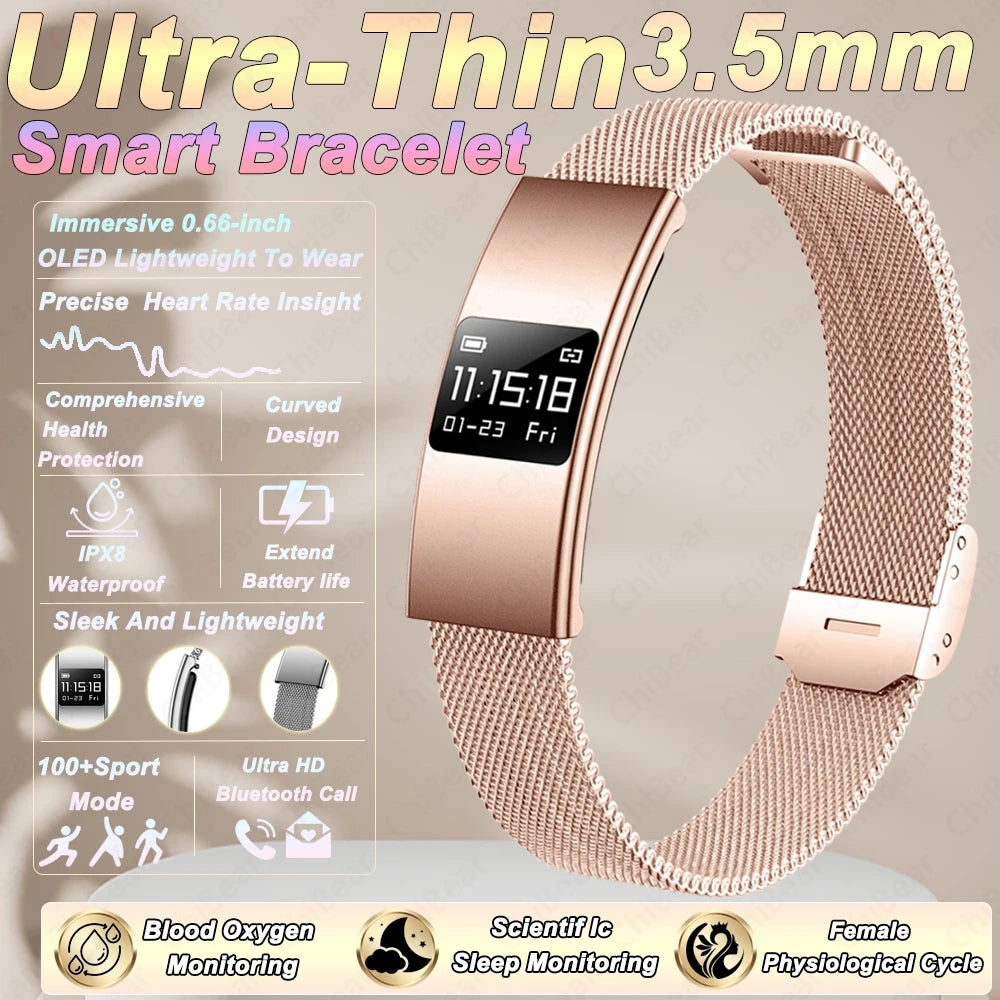 Nouveau Bracelet Connecté Ultra-Mince 3,5 mm 2026 avec Suivi de Fréquence Cardiaque et d'Oxygène Sanguin, Design Courbé, Alerte d'Appels, Bracelet Intelligent Élégant pour Femme