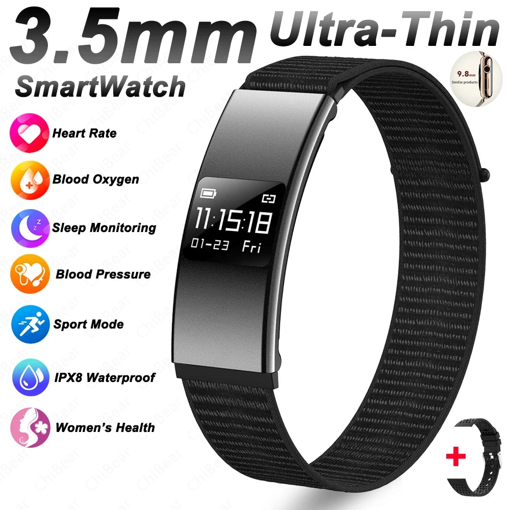 Nouveau Bracelet Connecté Ultra-Mince 3,5 mm 2026 avec Suivi de Fréquence Cardiaque et d'Oxygène Sanguin, Design Courbé, Alerte d'Appels, Bracelet Intelligent Élégant pour Femme