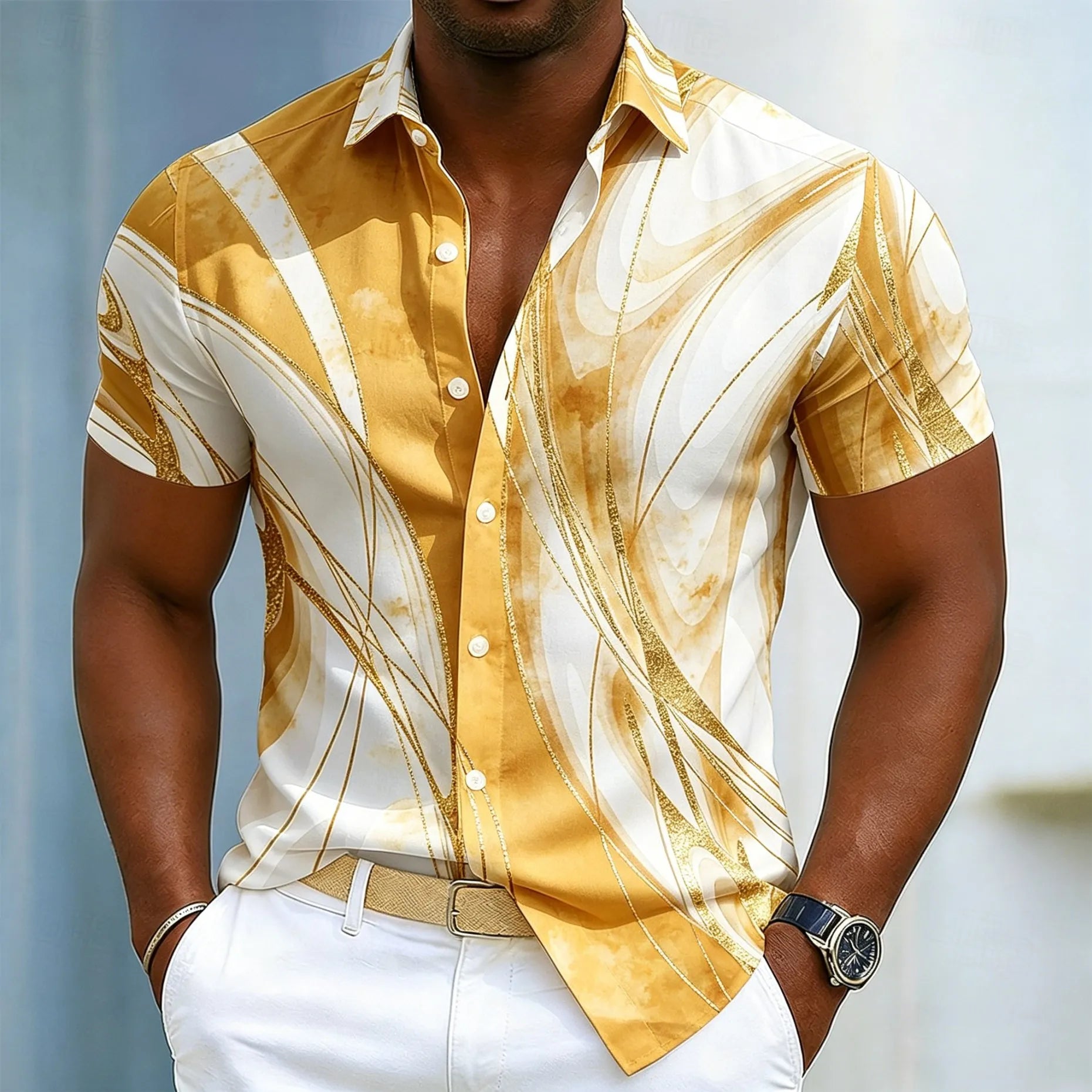 Chemise à manches courtes pour homme, imprimé abstrait marbré et feuille d'or, motif graphique fluide de luxe. Plusieurs coloris disponible