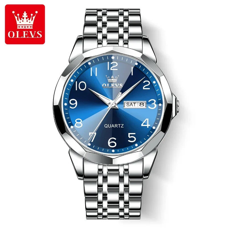 OLEVS montre de luxe montre pour hommes étanche argent acier inoxydable classique montre-bracelet à Quartz décontractée .