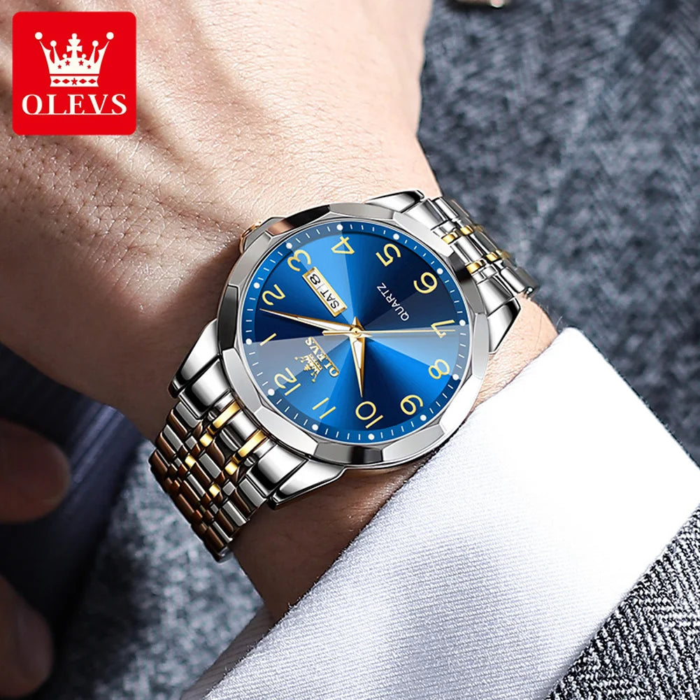 OLEVS montre de luxe montre pour hommes étanche argent acier inoxydable classique montre-bracelet à Quartz décontractée .