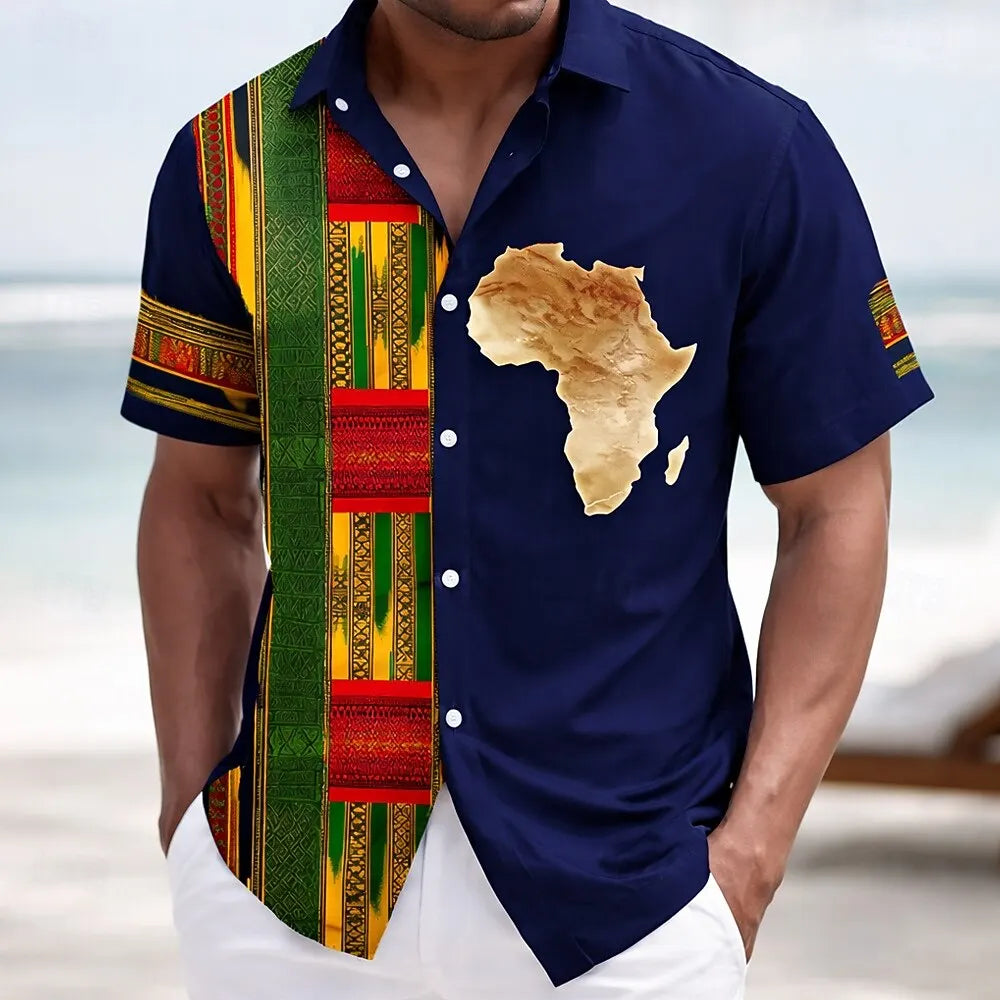 Chemise boutonnée vintage Juneteenth à manches courtes motif carte de la liberté africaine.