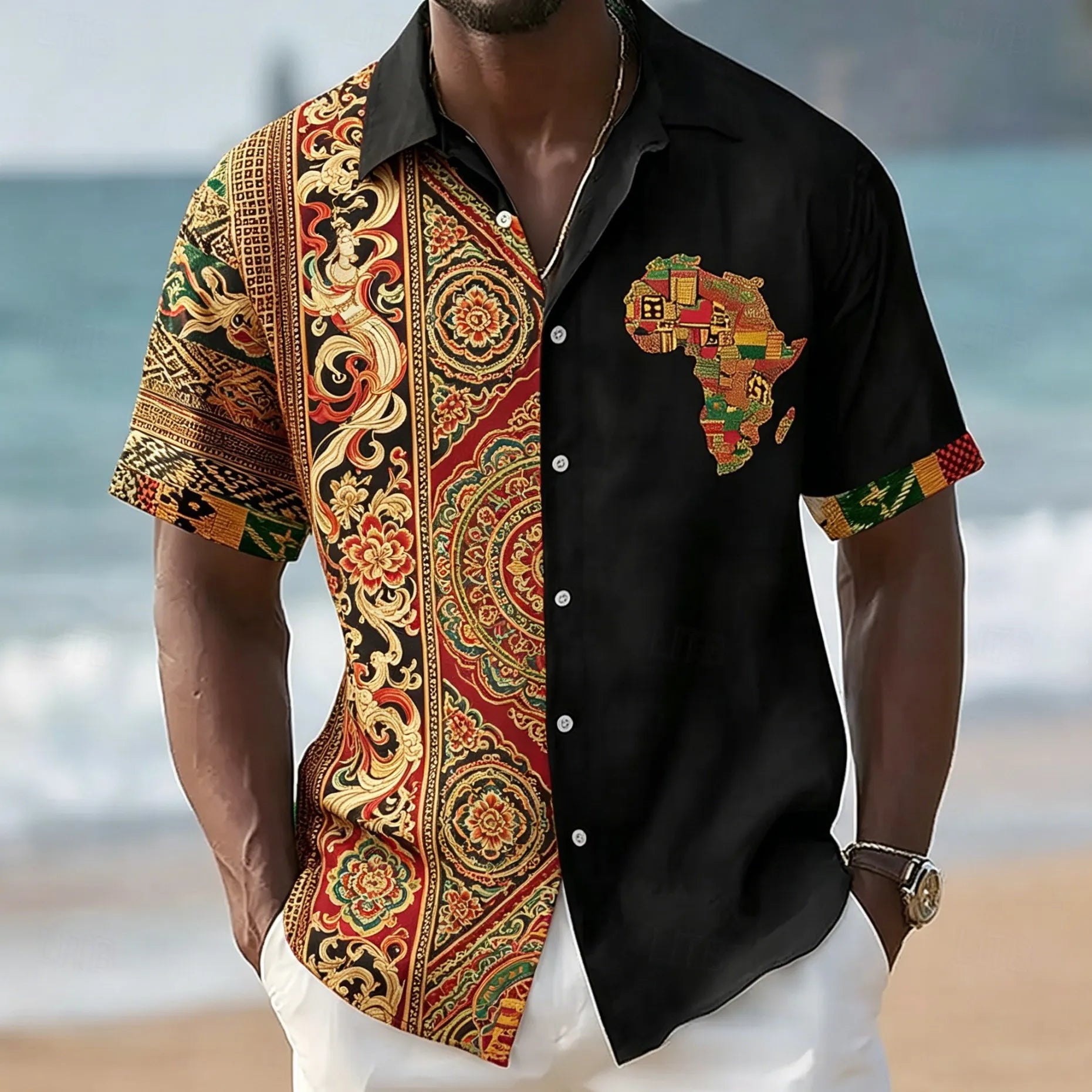 Chemise à manches courtes carte africaine, motif géométrique ethnique.Plusieurs coloris disponiible