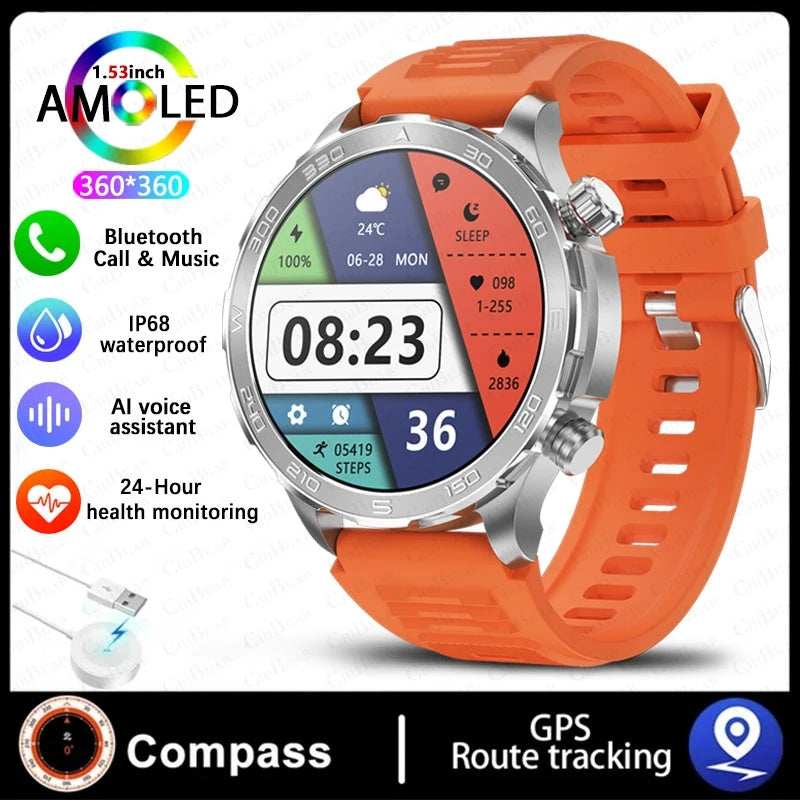 Montre intelligente étanche avec boussole pour homme, surveillance de la santé, traqueur de sport GPS, appel Bluetooth HD, assistant vocal, nouveau, 2024