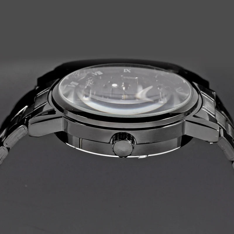 Montre Mécanique Squelette Noir Homme WINNER – Aiguilles Lumineuses, Bracelet Acier