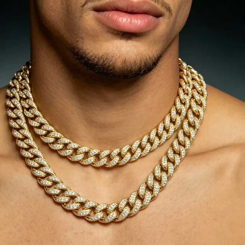 Chaîne de collier HNSP Miami Cuban Link Iced Out pour hommes - Chaîne de bijoux Hip Hop robuste et brillante de 13 mm de large