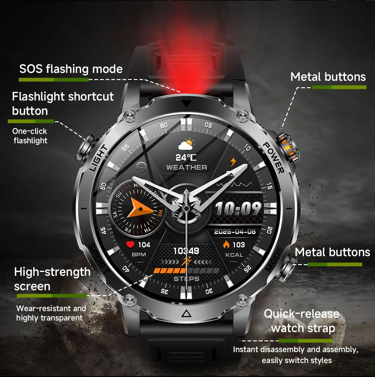 Montre Connectée Militaire 2026 pour Hommes avec Batterie 1400mAh, Lampe Torche Extérieure, Étanchéité 10ATM.