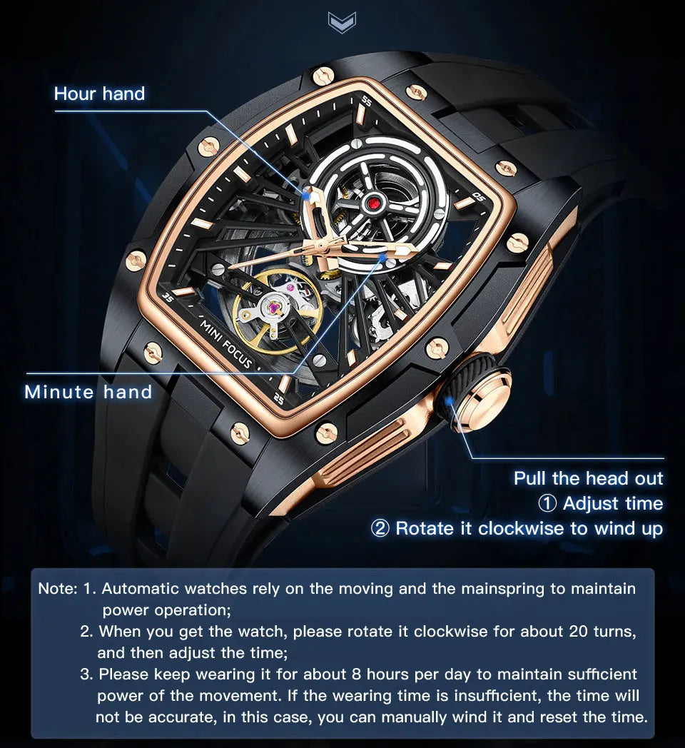 Montre Homme MINIFOCUS — Mécanique Automatique Squelette, Silicone & Waterproof 5ATM
