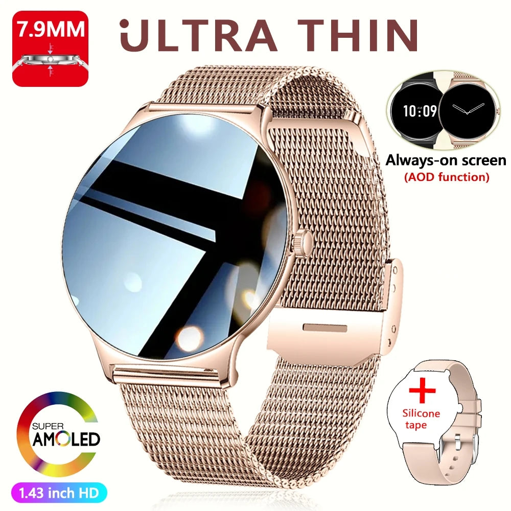 Montre Connectée Femme Jooeniok V89 Ultra-Mince 7,9 mm – 1,43" AMOLED, Appel BT, 100+ Sports