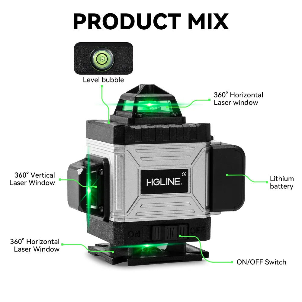 Niveau Laser 4D Professionnel HGLINE – 16 Lignes, Auto-nivellement 360°, Télécommande APP