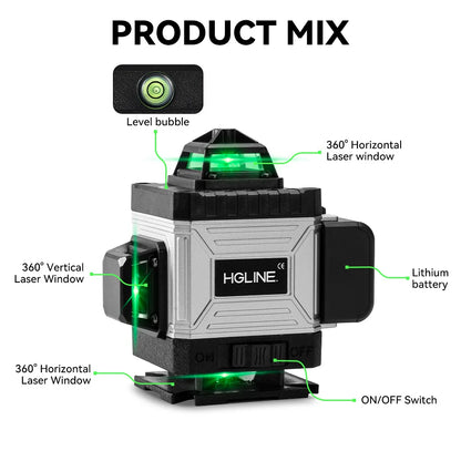 Niveau Laser 4D Professionnel HGLINE – 16 Lignes, Auto-nivellement 360°, Télécommande APP