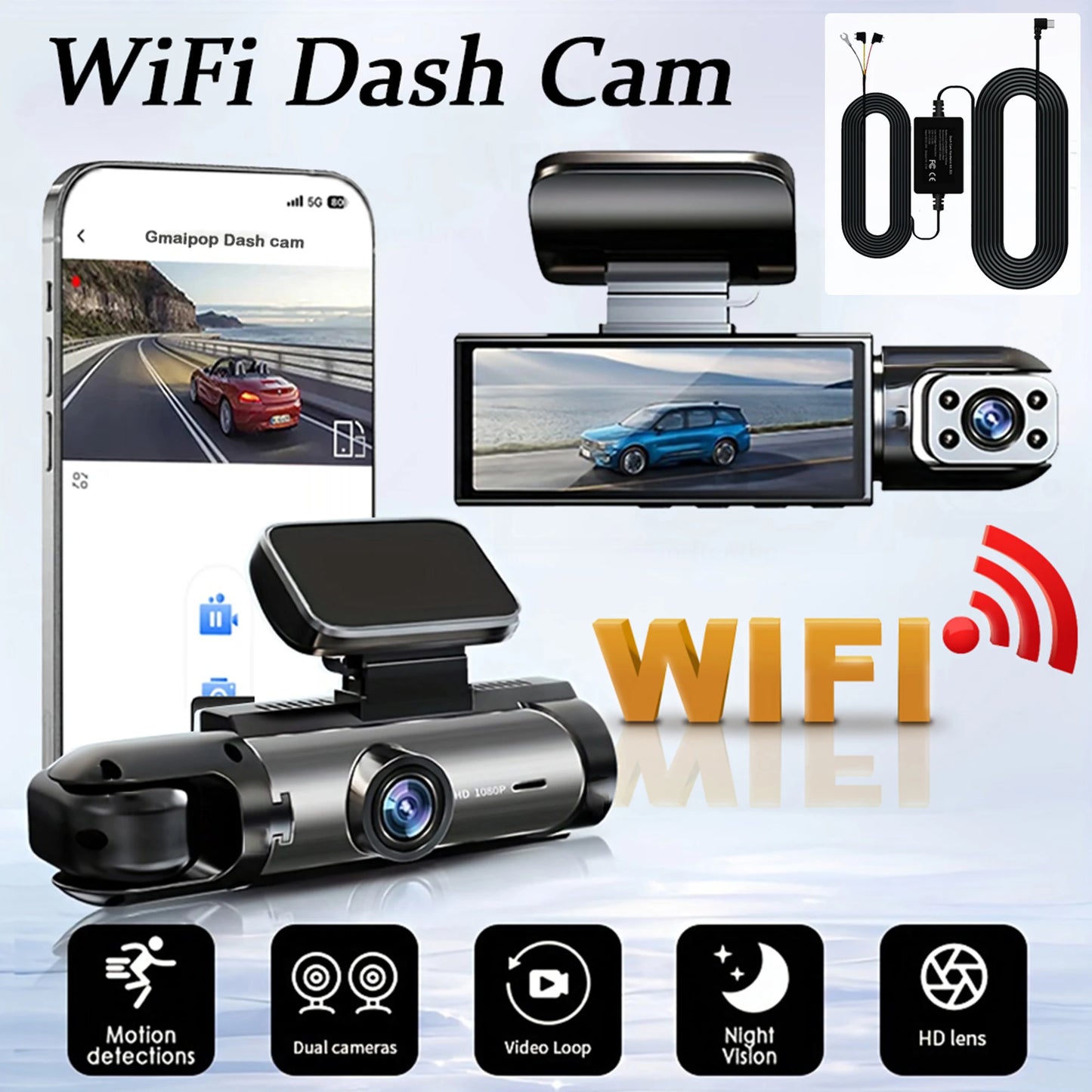 Dashcam Double Objectif WiFi 1080P — Vision Nocturne, Grand Angle 170°, Capteur G