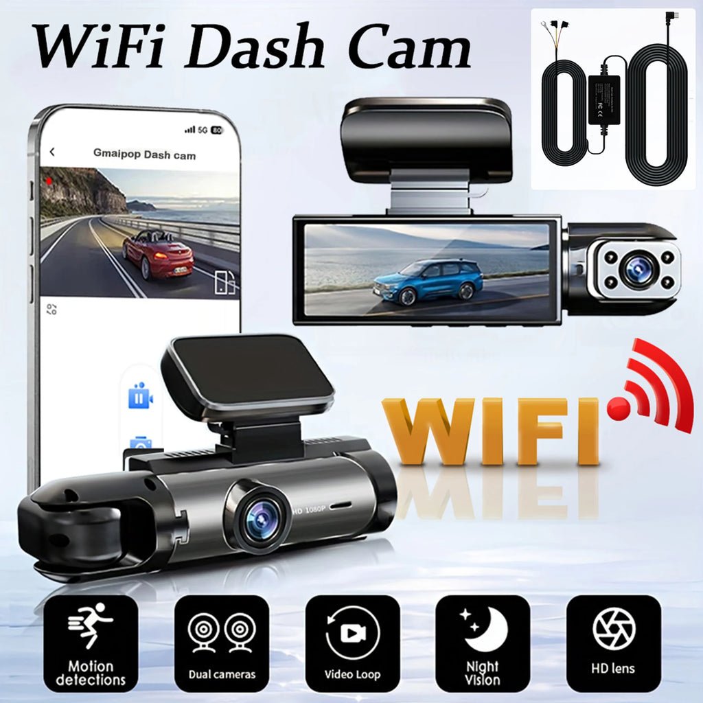Caméra de tableau de bord double WIFI 1080P pour voitures, avant et intérieure, caméra de voiture avec vision nocturne IR, enregistrement en boucle, grand angle, caméra DVR pour voiture