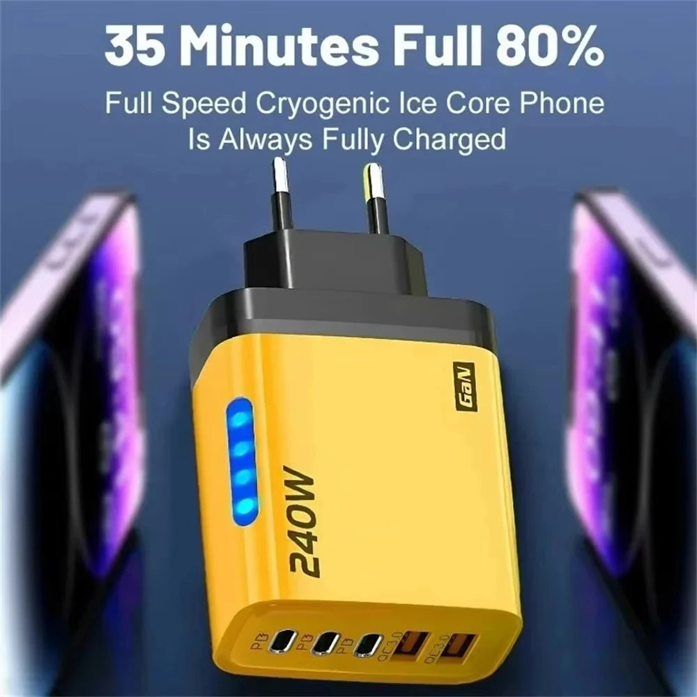 Chargeur rapide 240W GaN avec lumière LED, 2 USB + 3 Type-C, chargeur de téléphone multi-ports 5 en 1 pour iPhone 15-17 Series, Samsung, Huawei, Xiaomi 15