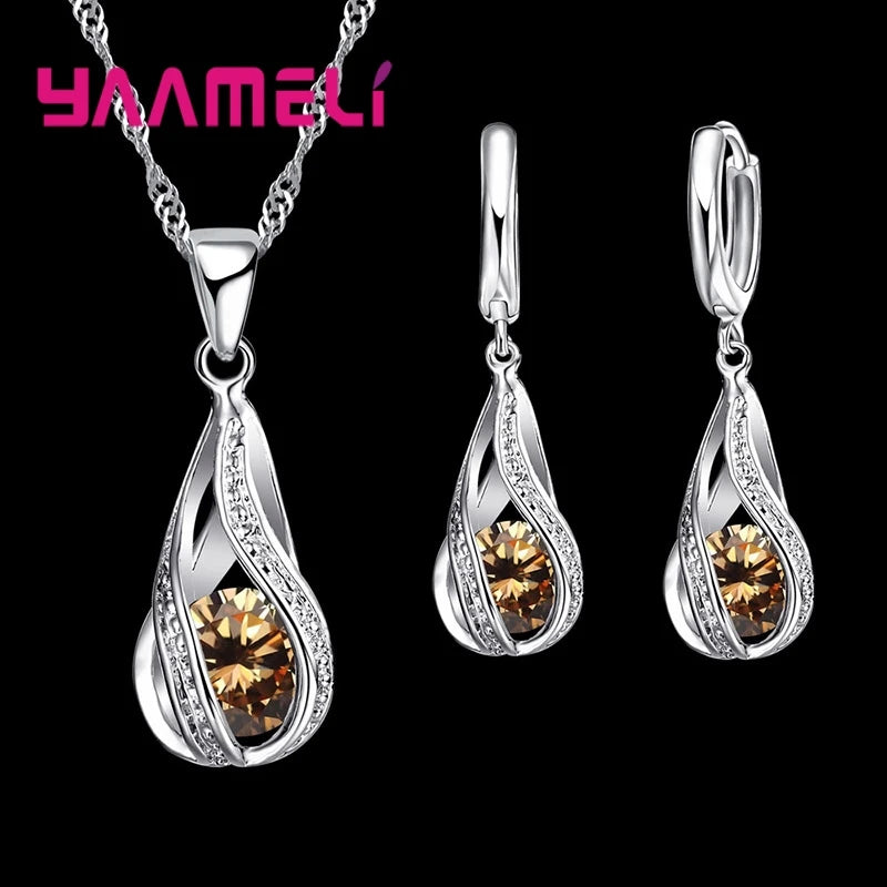 Goutte d'eau chaude en argent collier + Boucles