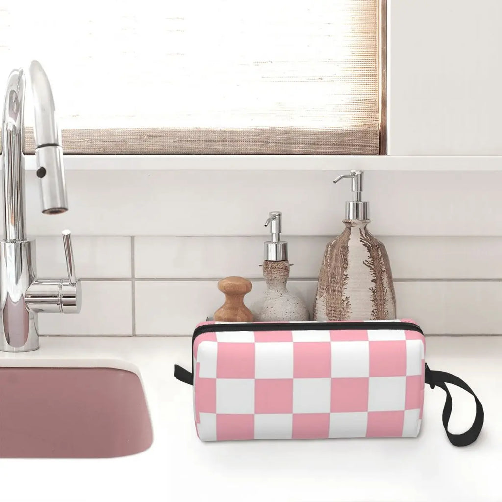 Trousse de maquillage à motif damier rose et blanc, organiseur de cosmétiques, trousse de toilette pour femmes, trousse de beauté de voyage, trousse à crayons