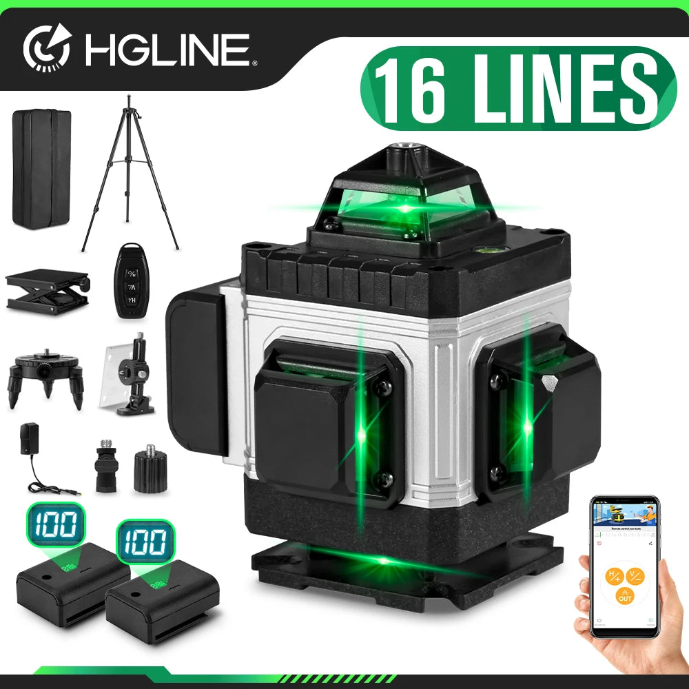 Niveau Laser 4D Professionnel HGLINE – 16 Lignes, Auto-nivellement 360°, Télécommande APP