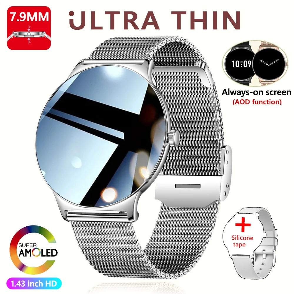 Montre Connectée Femme Jooeniok V89 Ultra-Mince 7,9 mm – 1,43" AMOLED, Appel BT, 100+ Sports