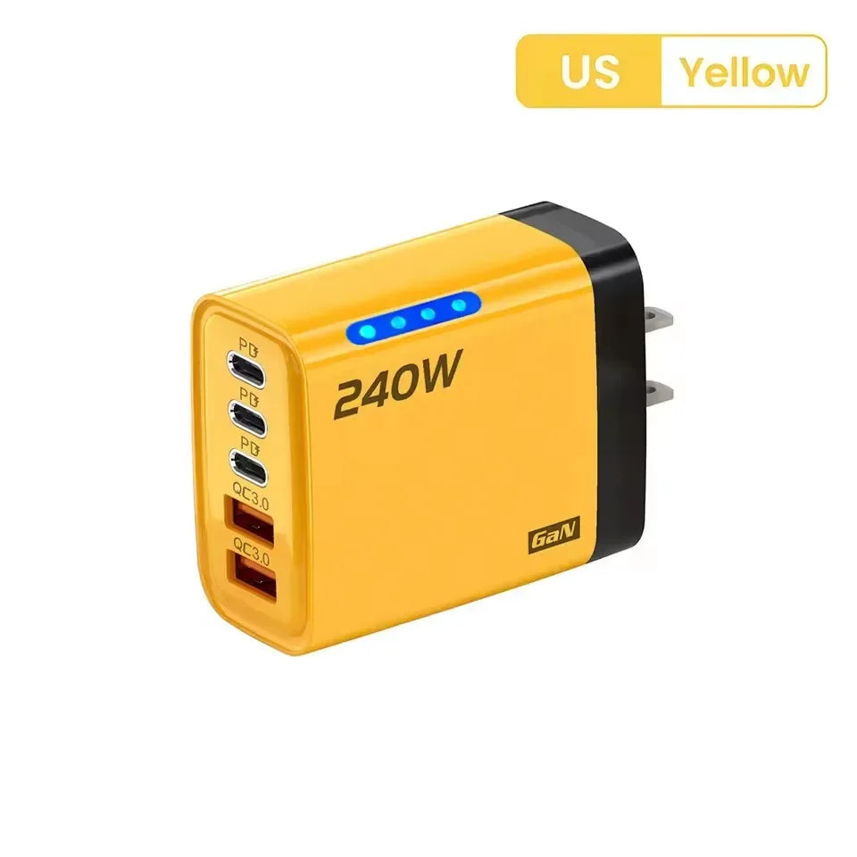 Chargeur rapide 240W GaN avec lumière LED, 2 USB + 3 Type-C, chargeur de téléphone multi-ports 5 en 1 pour iPhone 15-17 Series, Samsung, Huawei, Xiaomi 15
