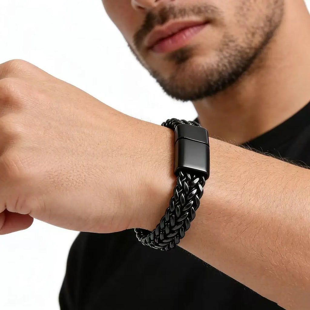 Bracelet chaîne en acier inoxydable noir de 10 mm de large pour hommes, bijoux punk gothiques, fermoir magnétique, boucle cachée, accessoire