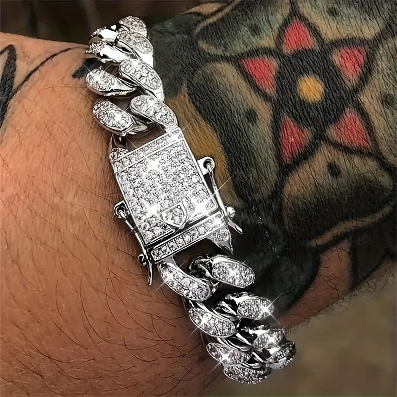 Bracelet de luxe en chaîne à maillons cubains glacés pour hommes, bijoux Hip-Hop en cristal pavé, en acier inoxydable, scintillant, cadeau