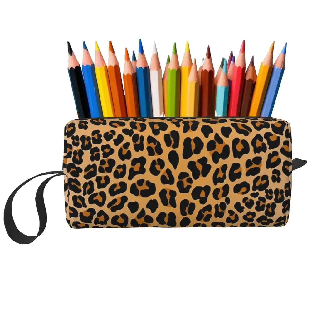 Trousse de Maquillage Imprimé Léopard, Organisateur Cosmétique, Trousse de Toilette, Trousse de Voyage pour Femmes, Trousse à Crayons de Beauté
