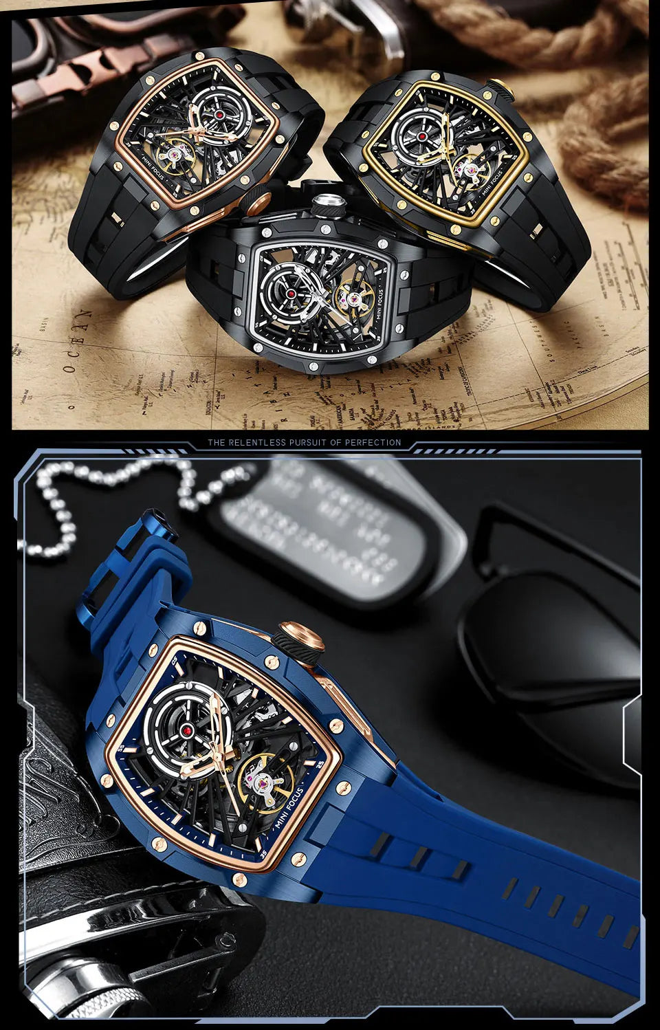 Montre Homme MINIFOCUS — Mécanique Automatique Squelette, Silicone & Waterproof 5ATM