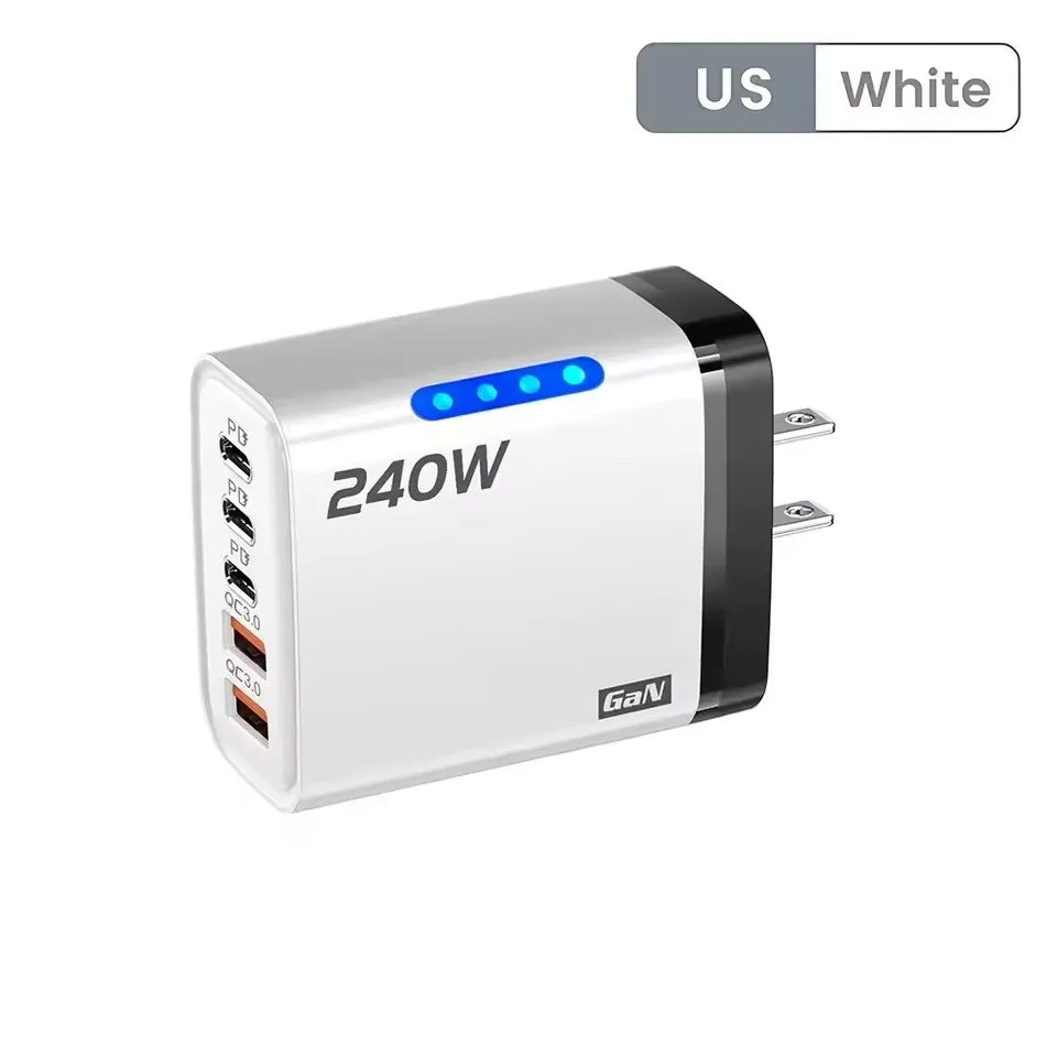 Chargeur rapide 240W GaN avec lumière LED, 2 USB + 3 Type-C, chargeur de téléphone multi-ports 5 en 1 pour iPhone , Samsung, Huawei, Xiaomi