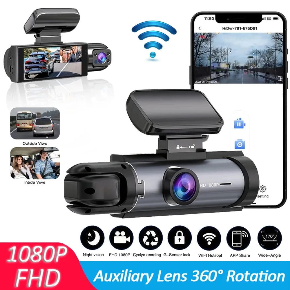 Caméra de tableau de bord pour voitures 1080P, enregistreur vidéo DVR, double caméra de voiture, vue avant et intérieure, enregistrement en boucle, moniteur WiFi Dashcam