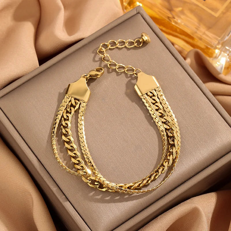 GANEMLY – Bracelet en acier inoxydable pour femmes, chaînes torsadées superposées en 3 couleurs, chaîne de poignet étanche, bijoux étanches