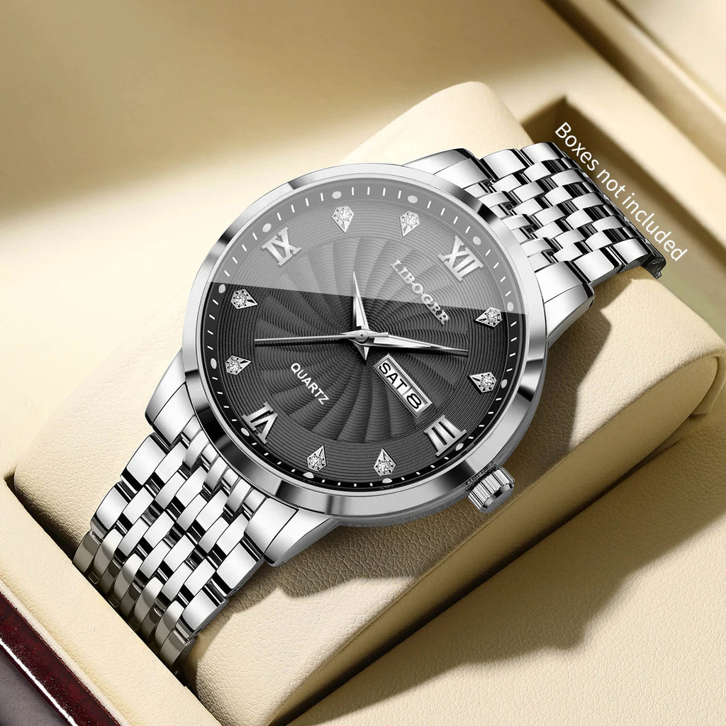 Montres de luxe en acier inoxydable pour hommes, montres-bracelets à Quartz avec cadran lumineux et calendrier, Relogio Masculino (sans boîte)