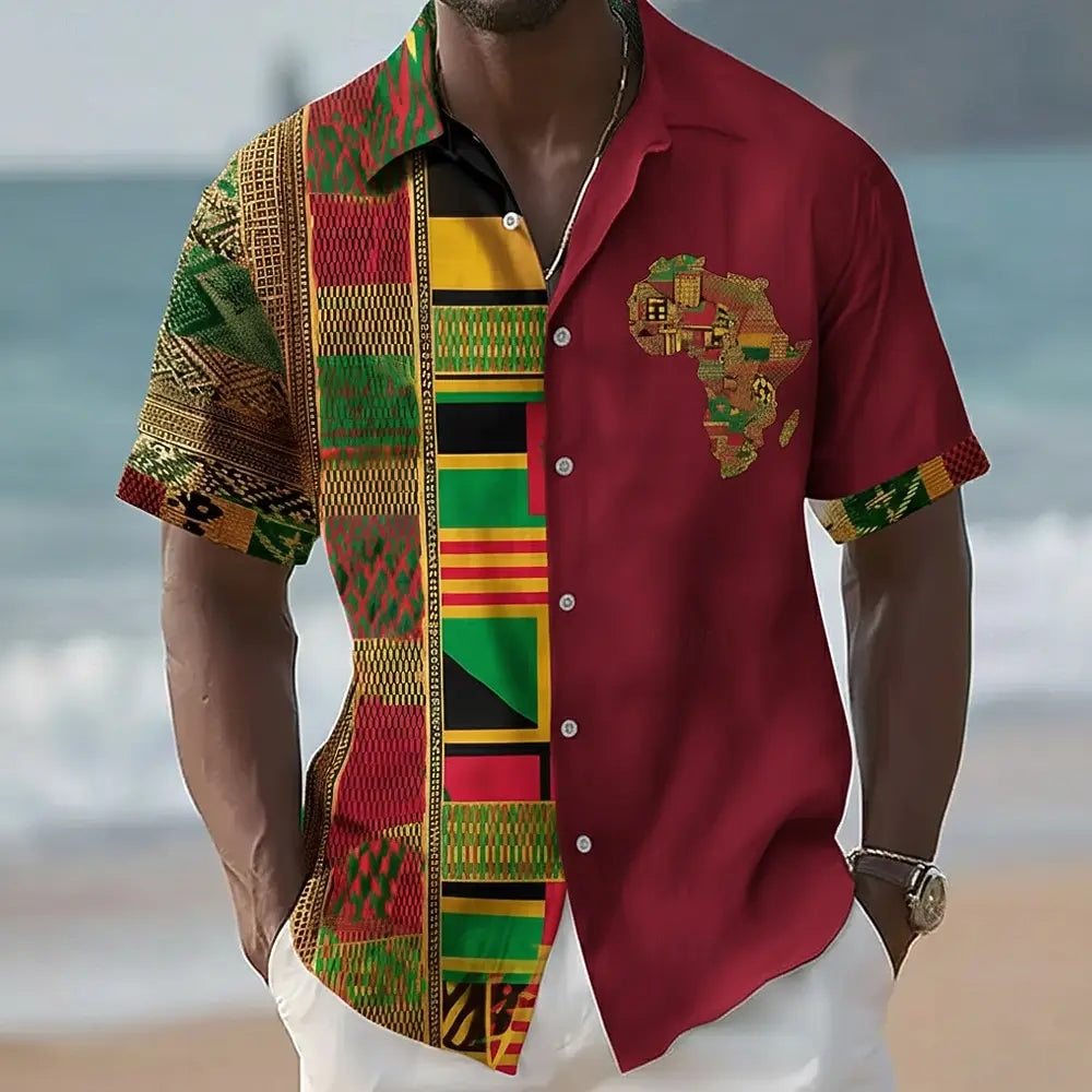 Chemise à manches courtes boutonnée pour homme, col classique, imprimé 3D ethnique africain carte tribale Juneteenth, style vintage rétro, haut décontracté pour l'été