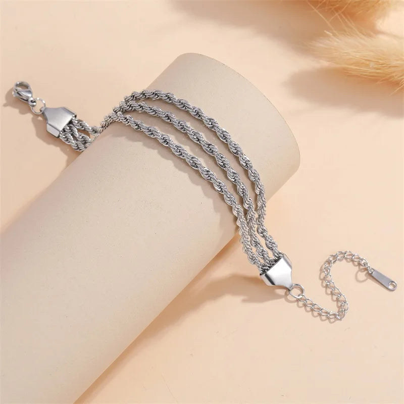 GANEMLY – Bracelet en acier inoxydable pour femmes, chaînes torsadées superposées en 3 couleurs, chaîne de poignet étanche, bijoux étanches