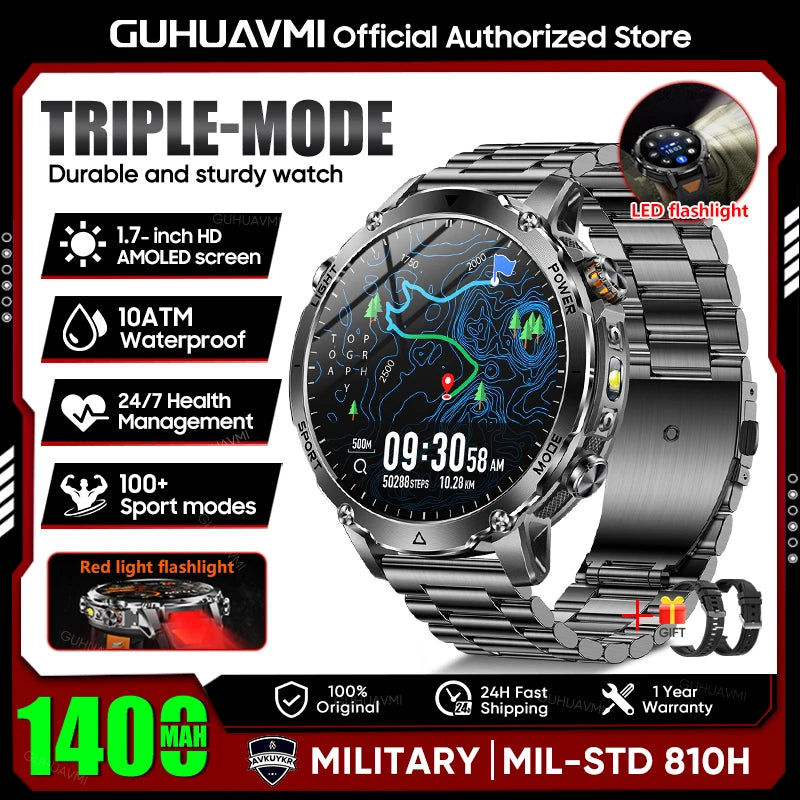 Smartwatch Militaire GUHUAVMI 2026 – Écran AMOLED 1,7", Batterie 1400mAh, GPS, Appel Bluetooth