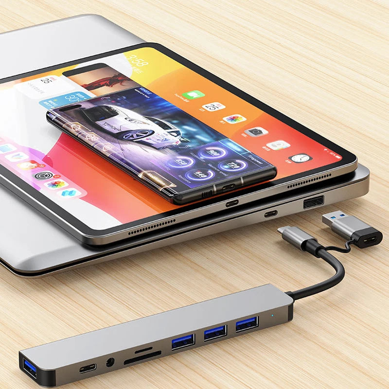 Station d'accueil HUB USB + Type C 8 en 2 avec adaptateur jack audio 3,5 mm pour lecteur de carte Micro SD, ordinateur portable, tablette, téléphone, convertisseur de disque