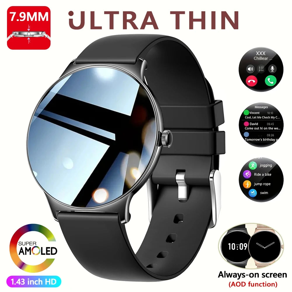 Montre Connectée Femme Jooeniok V89 Ultra-Mince 7,9 mm – 1,43" AMOLED, Appel BT, 100+ Sports