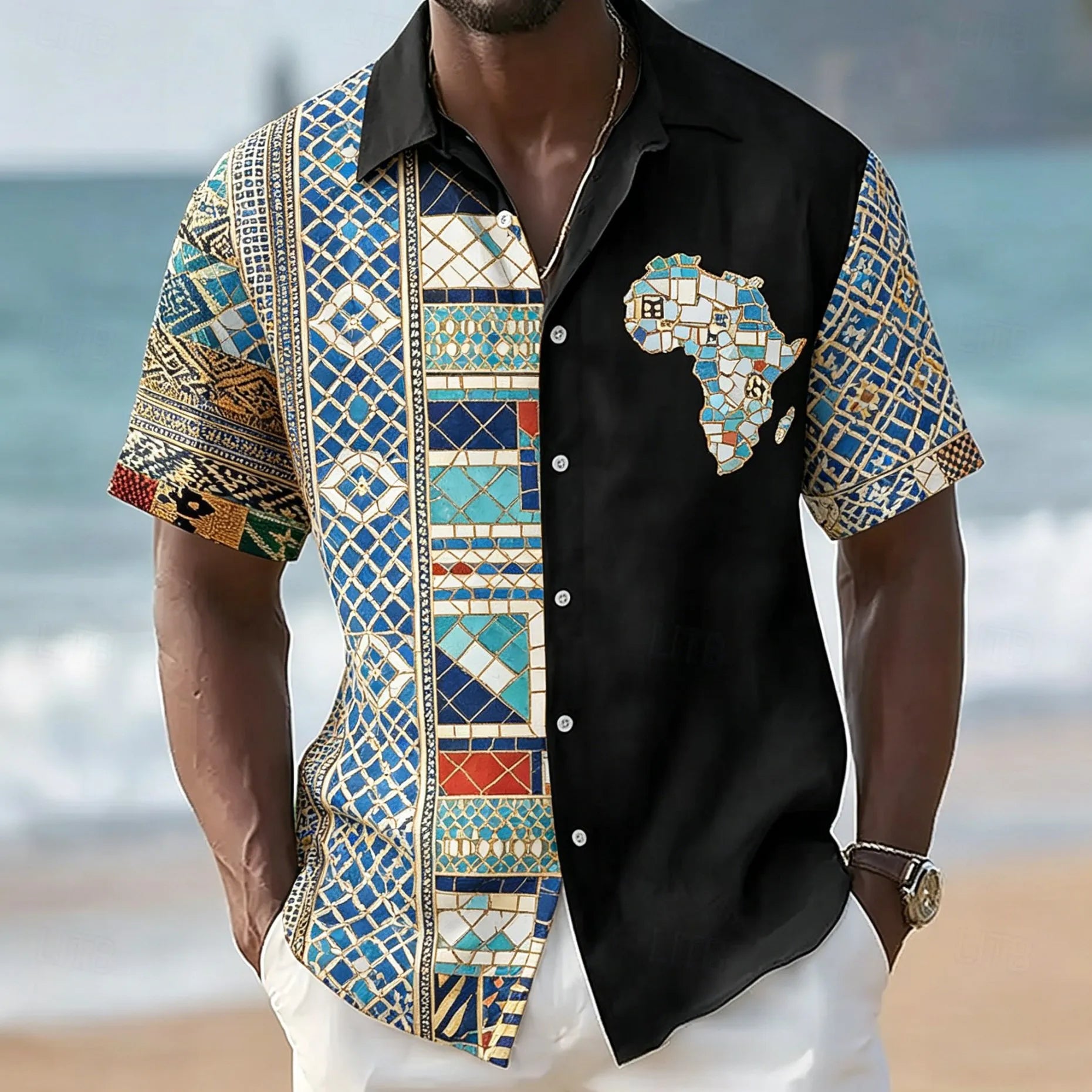 Chemise à manches courtes carte africaine, motif géométrique ethnique.Plusieurs coloris disponiible
